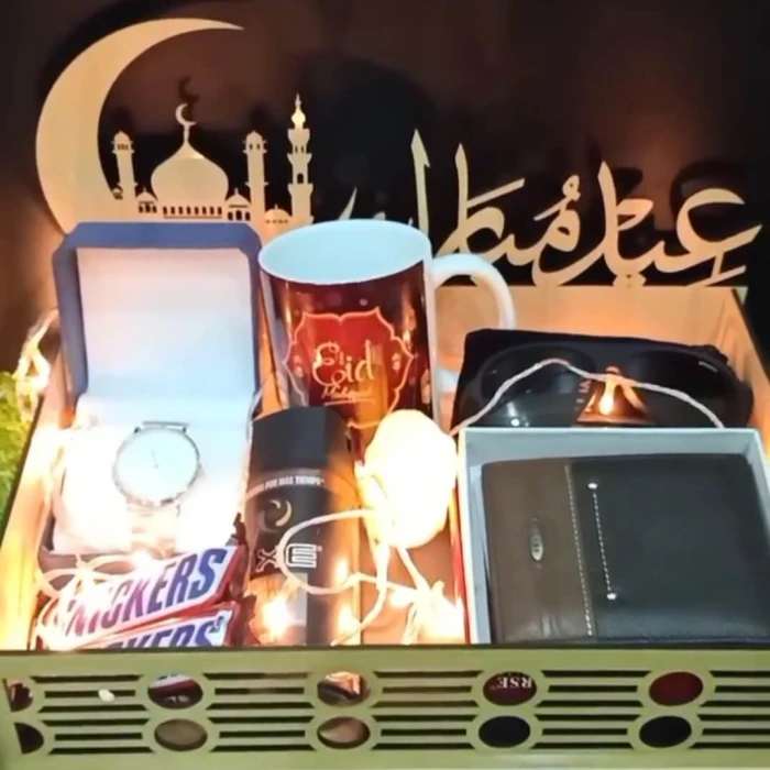 Wooden Eid Basket for Him Rustic Hamper with Gourmet Treats & Elegant Presentation