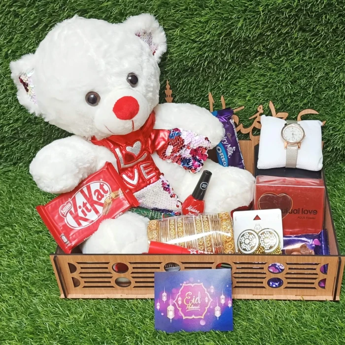 Eid Teddy Bear Basket for Her Cute Hamper with Chocolates & Festive Accents
