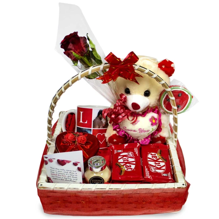 Love Special Gift Basket with Teddy, Rose, Mug & Chocolates – Romantic Surprise for Loved Ones