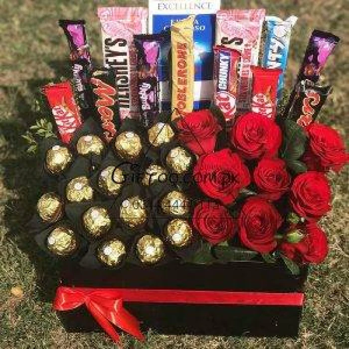Mix Chocolaty Gift Bucket with Ferrero Rocher, Roses & Premium Chocolates
