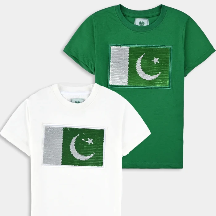 Unisex Poly Cotton Jersey Short Sleeve T-Shirt Sequins Flag (Snow White)