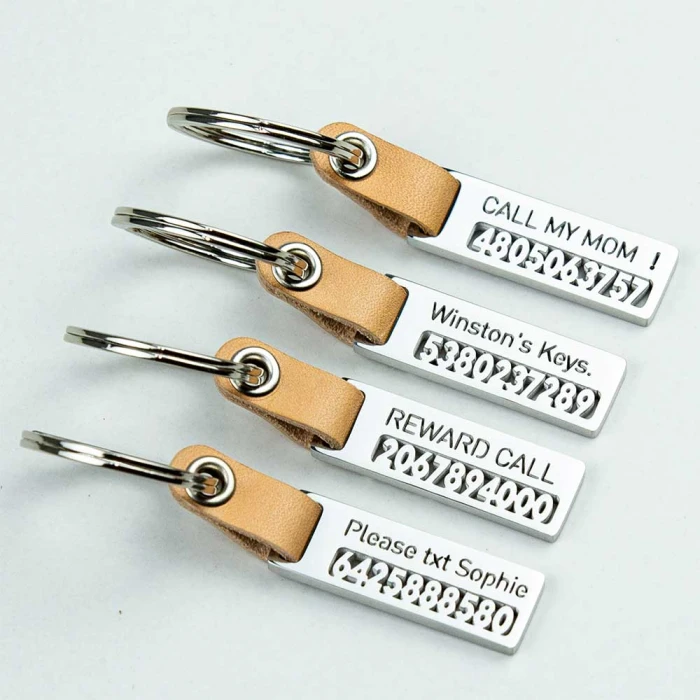 Openwork Personalized Stainless Steel & Leather Keychain Custom Engraved Keyring