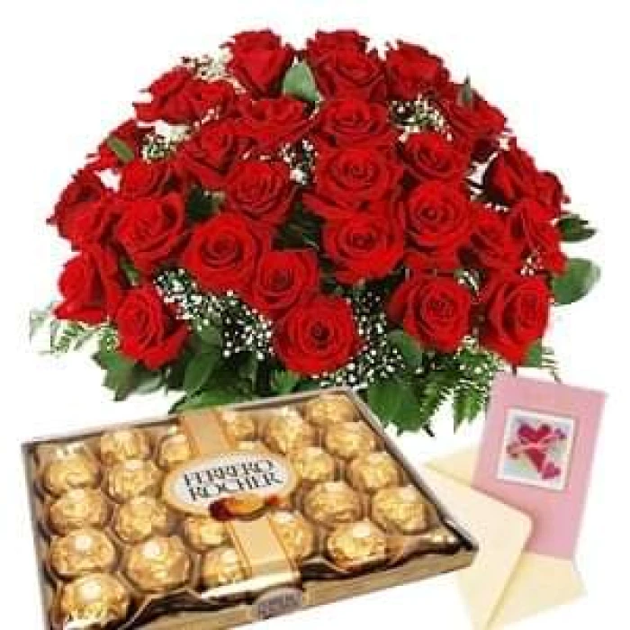 Combo Love Deal – Ferrero Rocher & 4 Dozen Roses Basket Gift