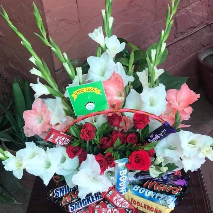 Chocolate Basket with Fresh Flowers Gift-Ready Chocolate & Bloom Arrangement