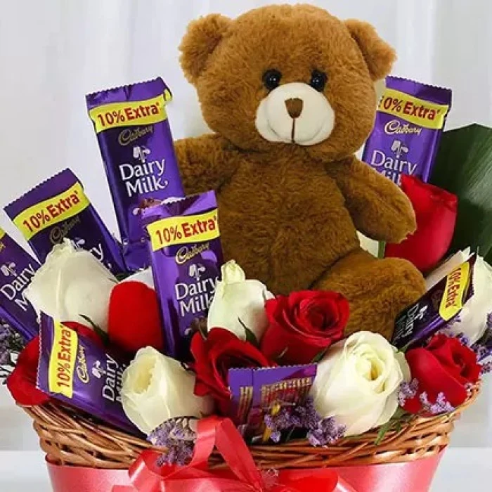 Special Surprise Arrangement Red Roses, Dairy Milk & Teddy Bear Gift Basket