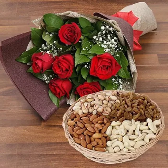 6 Red Roses Bouquet with Dry Fruits Basket – Romantic & Healthy Gift Combo