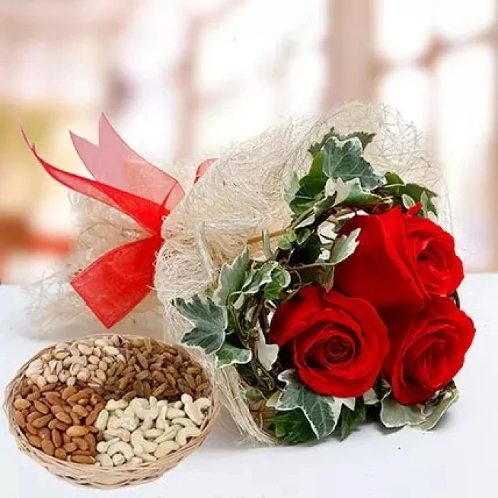 Velvety Red Roses & Mixed Dry Fruits Gift Basket