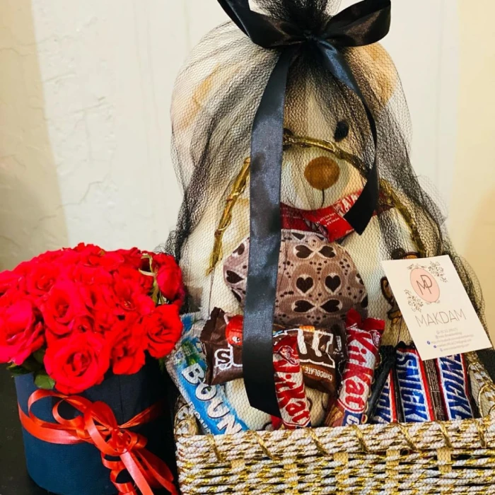 Choco & Teddy Basket with Roses Box