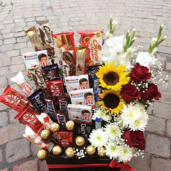 Imported Chocolate & Flowers Box Luxe Floral & Gourmet Chocolate Gift