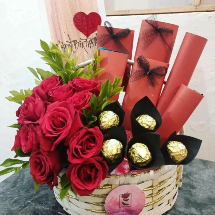 Cute Choco & Roses Basket Romantic Chocolate and Flower Gift