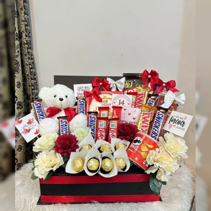 Gift Basket with Chocolates, Teddy & Flowers