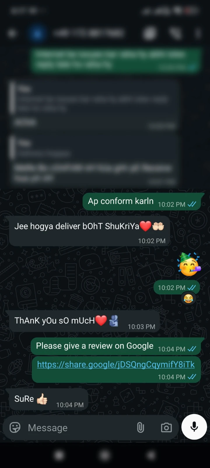 WhatsApp customer review screenshot