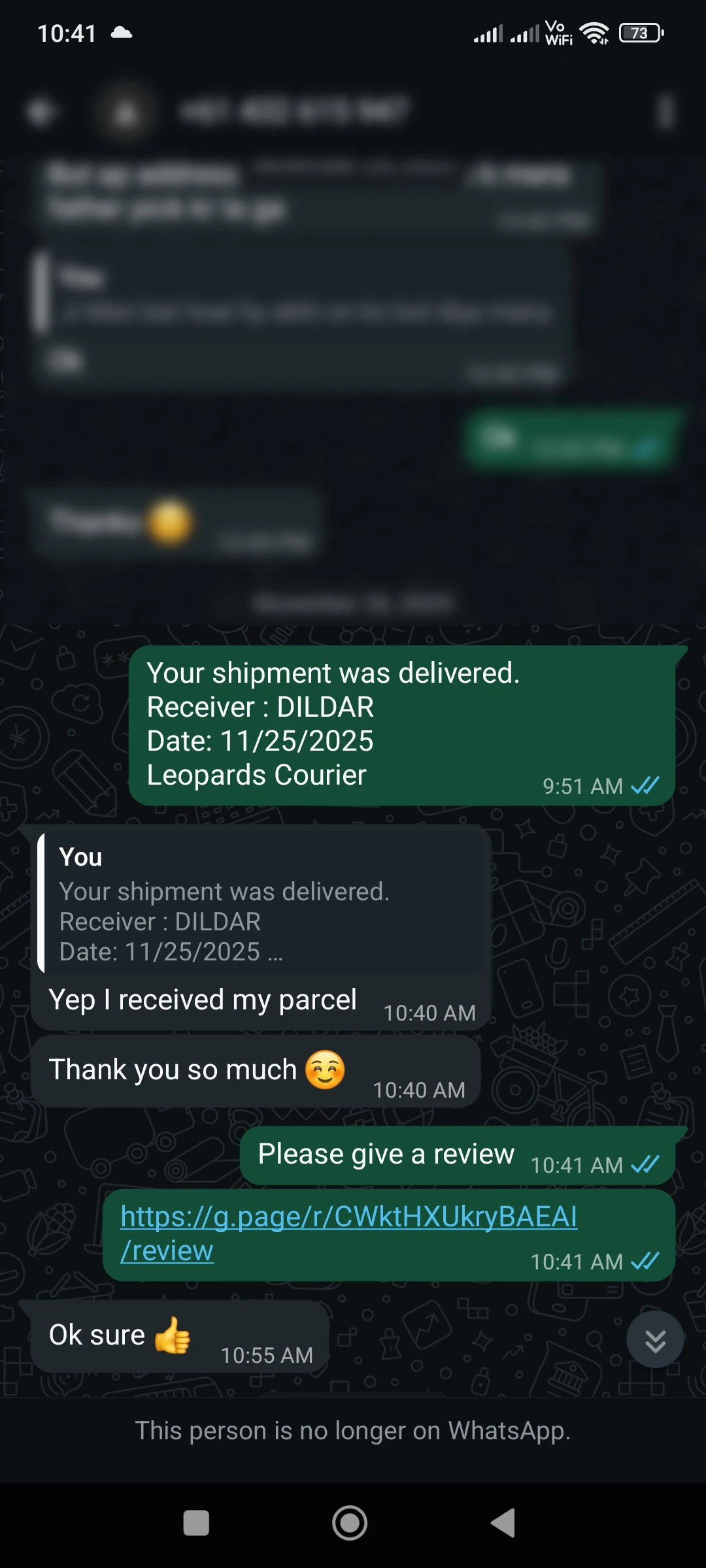 WhatsApp customer review screenshot