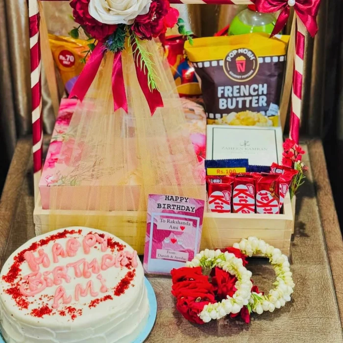 Premium Birthday Cake Basket Festive Wooden Hamper with Cake & Treats