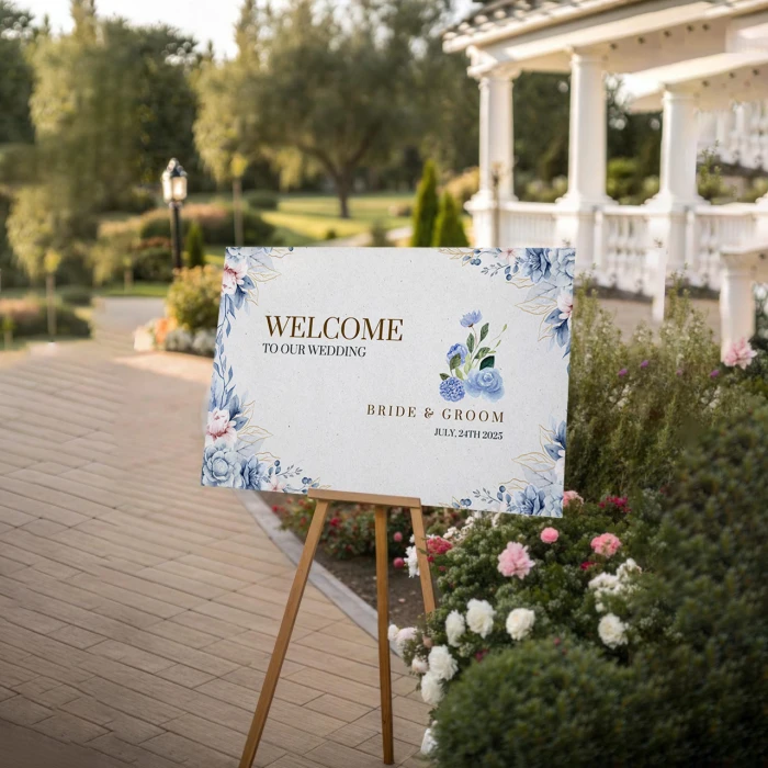 Cute Blue Wedding Welcome Board Elegant Personalized Sign
