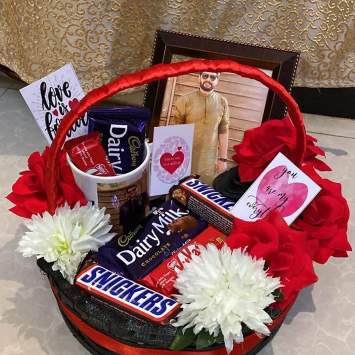 Valentine’s Floral Chocolate Basket Romantic Bouquet of Flowers & Premium Chocolates