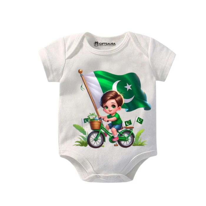 Baby Riding Bicycle 14 August Romper Pakistan Independence Day Outfit