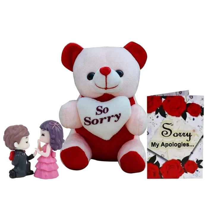 Sorry Gift Combo – Greeting Card, Sorry Teddy Bear & Romantic Couple Showpiece