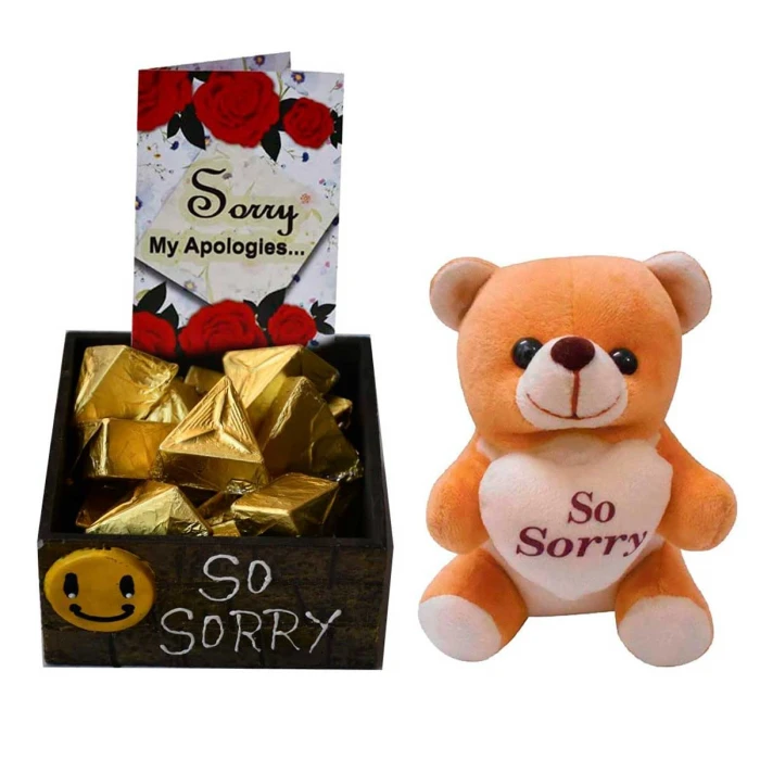 Sorry Gift Set – Greeting Card, Teddy Bear, 12 Chocolates & Wooden Box