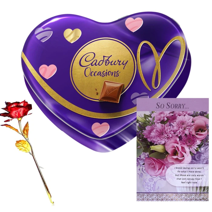 Sorry Gift Combo – Greeting Card, Red Rose & Cadbury Occasions Chocolate Heart Gift Box