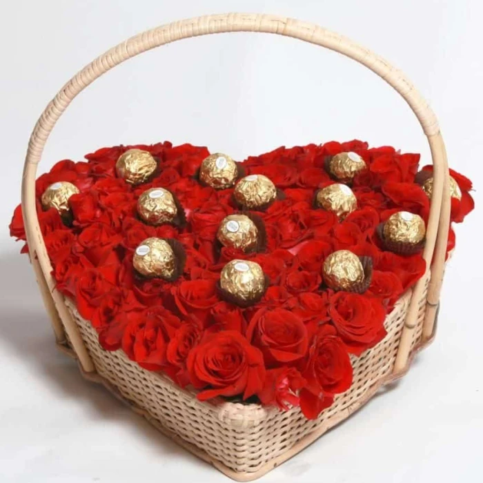 Elegant Rose & Ferrero Heart Basket Dozen Roses Ferrero Rocher