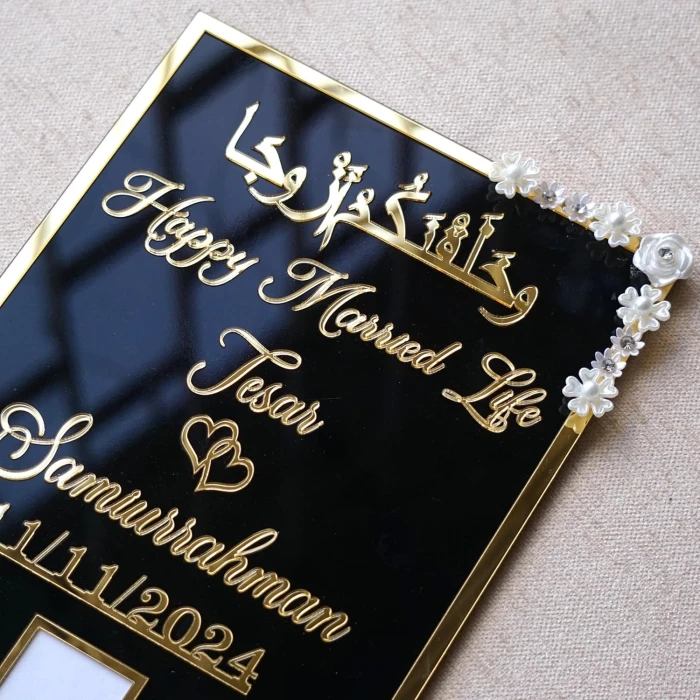 Personalized Muslim Nikah Thumbprint Board – Black & Gold Acrylic with Floral Embellishments cover image 3