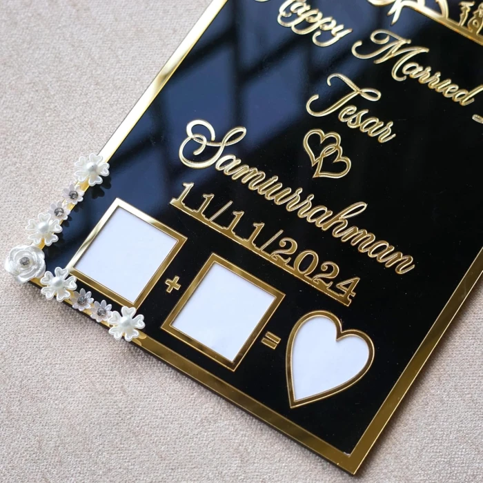 Personalized Muslim Nikah Thumbprint Board – Black & Gold Acrylic with Floral Embellishments cover image 1