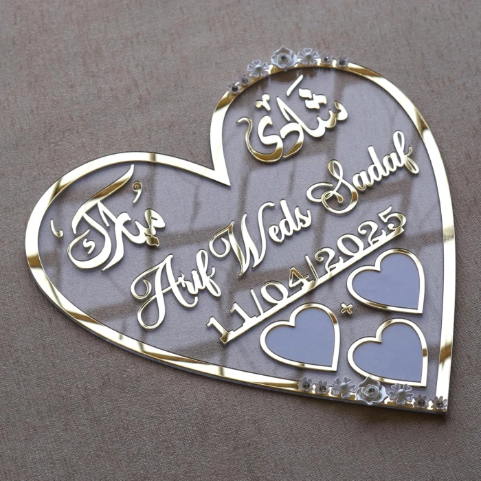 Acrylic Personalized Heart‑Shape Nikah Thumb Board Gold Acrylic with Floral Design by Gifts Aura