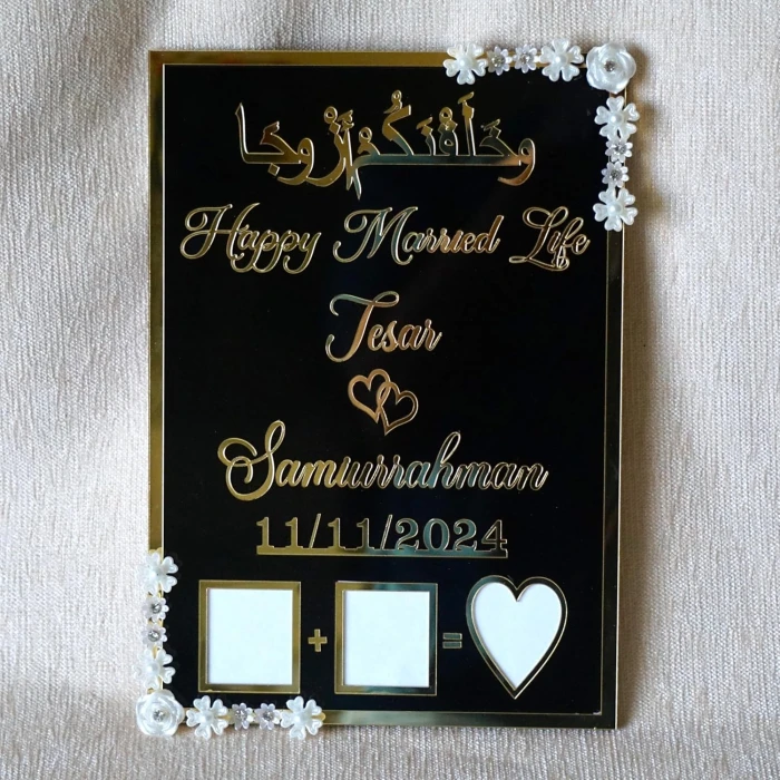 Personalized Muslim Nikah Thumbprint Board – Black & Gold Acrylic with Floral Embellishments