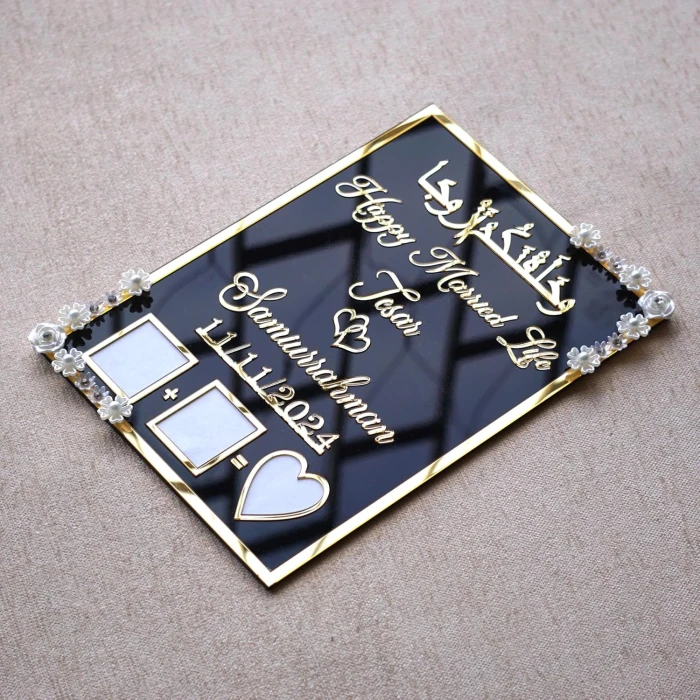 Personalized Muslim Nikah Thumbprint Board – Black & Gold Acrylic with Floral Embellishments cover image 2