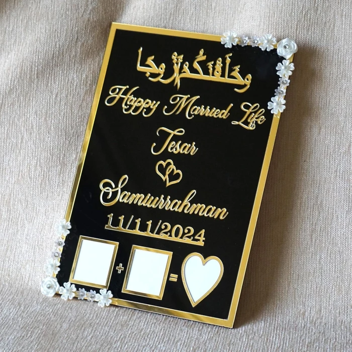 Personalized Muslim Nikah Thumbprint Board – Black & Gold Acrylic with Floral Embellishments cover image 5