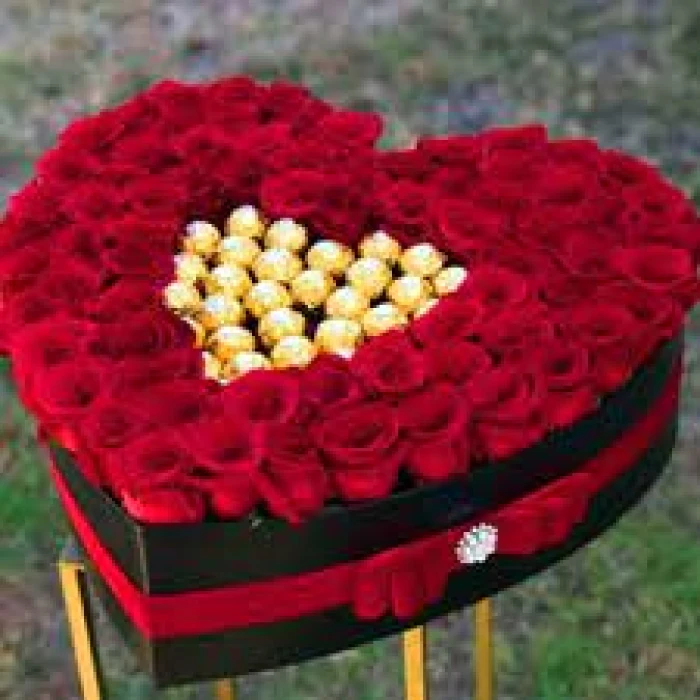 Romantic Heart-Shaped Box with Red Roses & Ferrero Rocher – Luxury Gift for Her