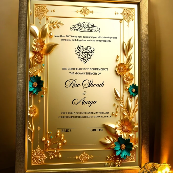 Golden Flowers 3D Nikah Frame Premium Floral Wedding Frame