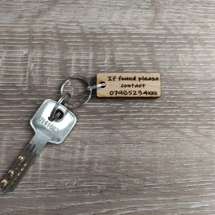 If Found Please Contact Oak Veneer Keyring – Custom Phone Number Lost Key Tag cover image 1