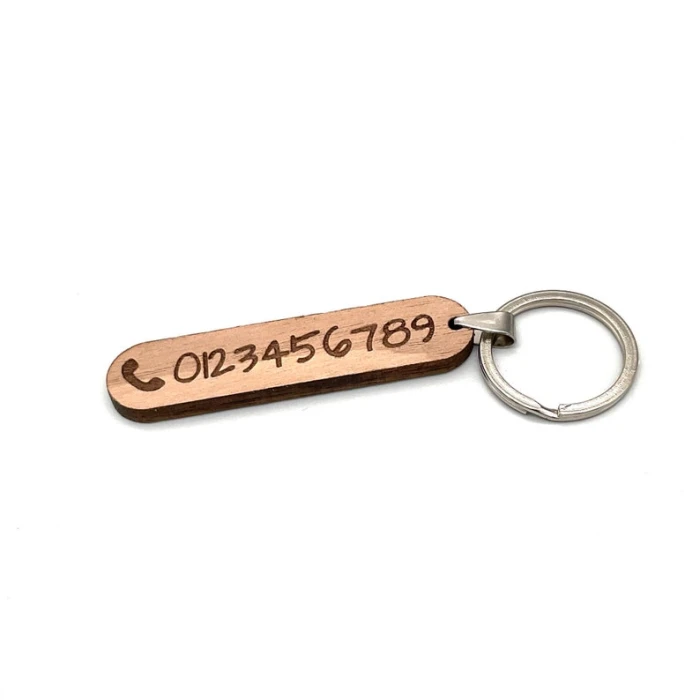 keychain with telephone number wooden