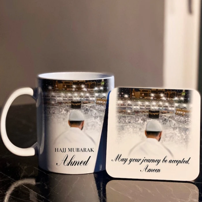 Personalized Hajj Mubarak Mug & Tea Coaster Set