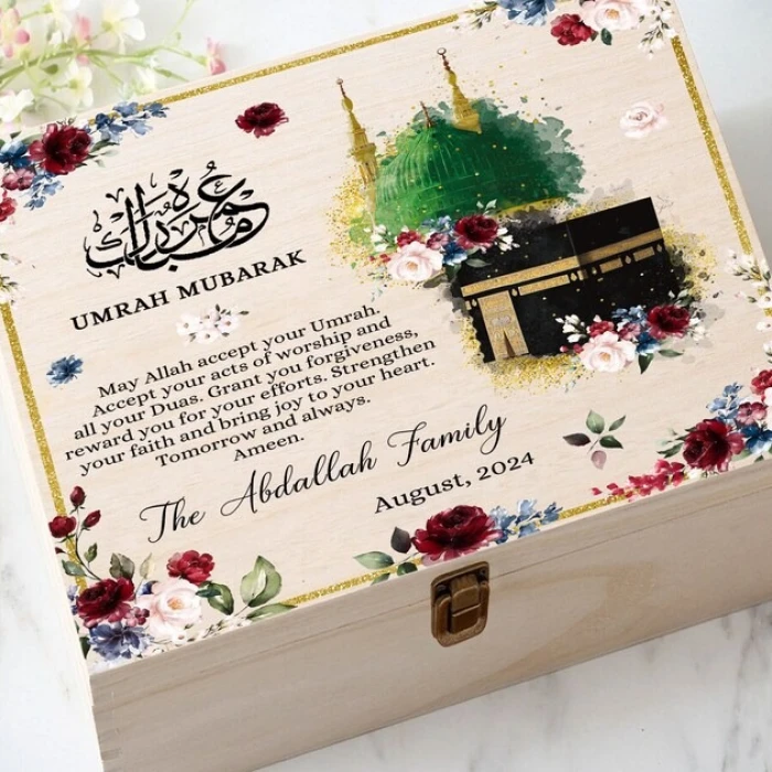 Personalized Umrah Mubarak Wooden Gift Box Custom Floral Prayer Box cover image 2