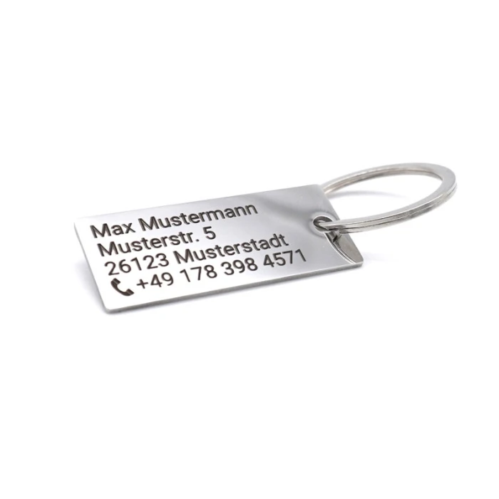 Stainless steel keychain with address telephone number contact details - personal engraving label