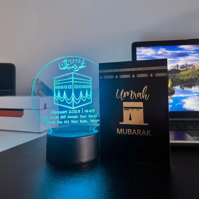 Personalised Umrah Mubarak LED Lamp – Custom Islamic Night Light with Card