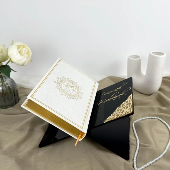 Personalised Black Quran Holder Umrah Mubarak Acrylic Stand with Custom Gold Name cover image 2