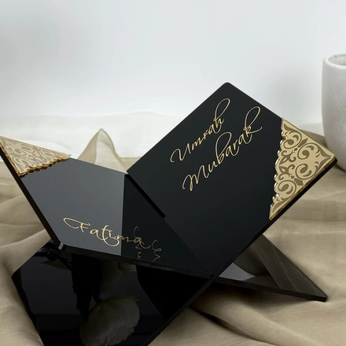 Personalised Black Quran Holder Umrah Mubarak Acrylic Stand with Custom Gold Name cover image 4