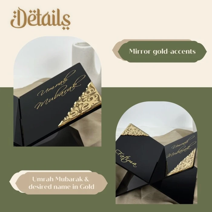 Personalised Black Quran Holder Umrah Mubarak Acrylic Stand with Custom Gold Name cover image 3