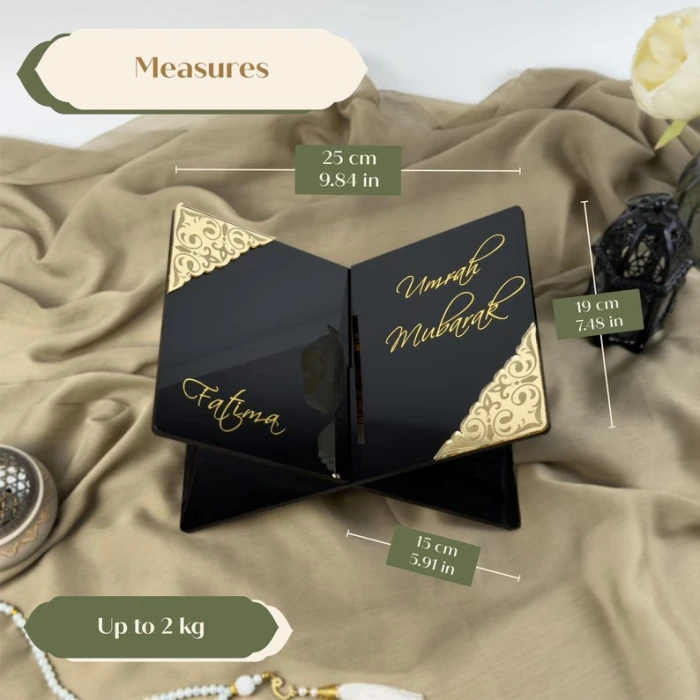 Personalised Black Quran Holder Umrah Mubarak Acrylic Stand with Custom Gold Name cover image 1