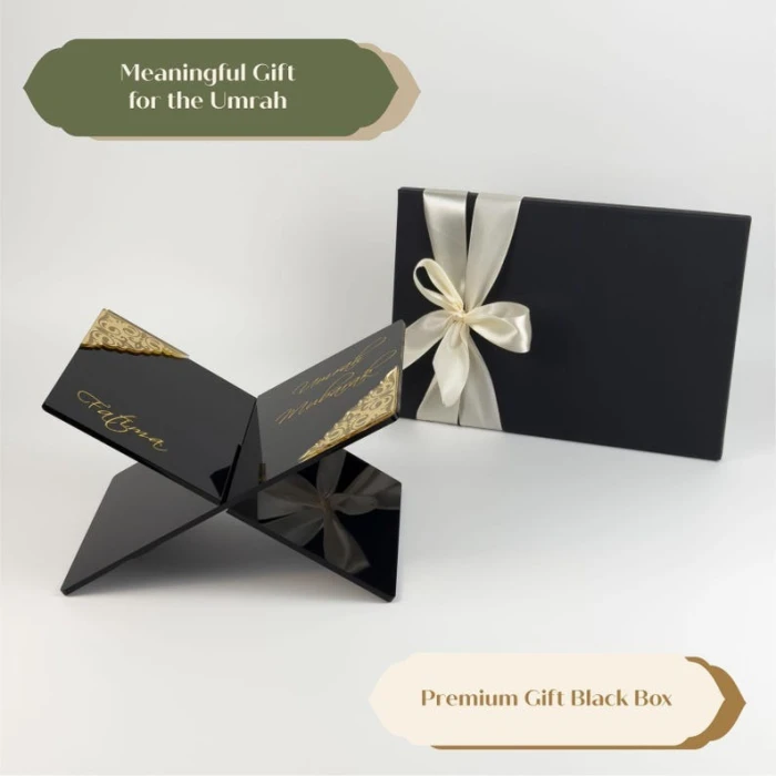 Personalised Black Quran Holder Umrah Mubarak Acrylic Stand with Custom Gold Name cover image 7
