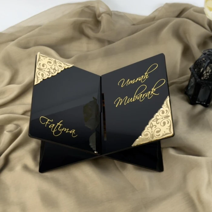Personalised Black Quran Holder Umrah Mubarak Acrylic Stand with Custom Gold Name cover image 8