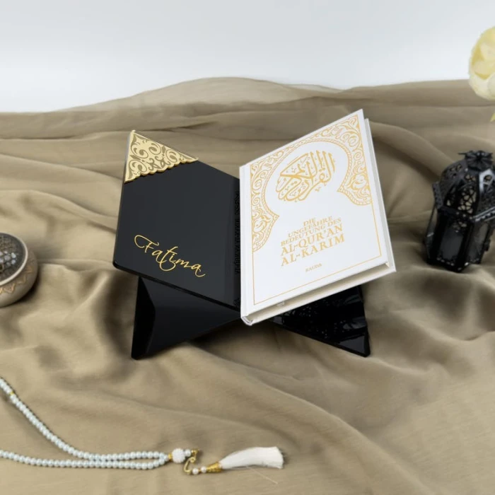 Personalised Black Quran Holder Umrah Mubarak Acrylic Stand with Custom Gold Name cover image 6
