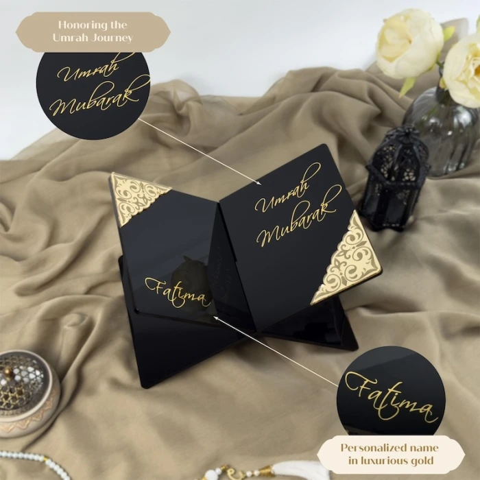 Personalised Black Quran Holder Umrah Mubarak Acrylic Stand with Custom Gold Name cover image 5