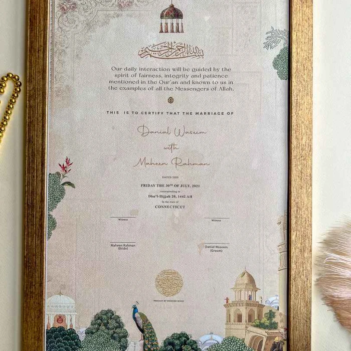 Custom Muslim Wedding Certificate Elegant Framed Nikkah Gift