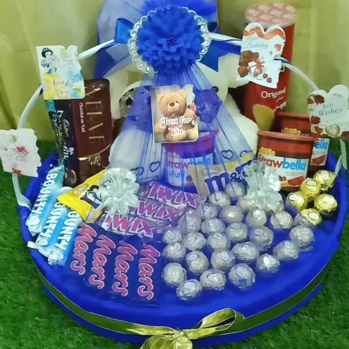 Blue Chocolate Basket Elegant Gift with Teddy & Greeting Card