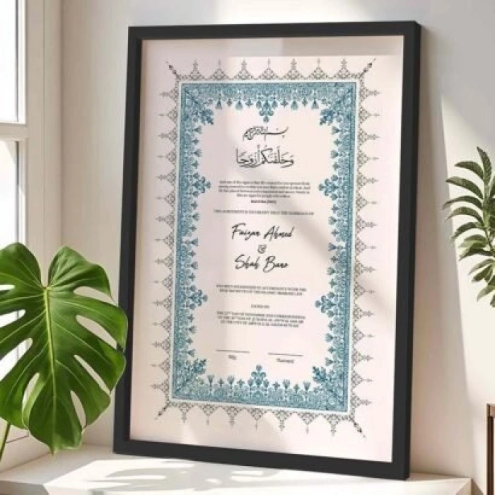 Custom Framed Nikah Nama Turkish Style with Blue Geometric Arch Wood Frame) cover image 1